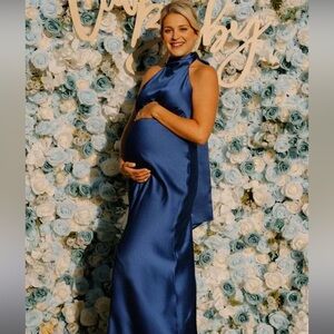 Royal Blue Satin Maternity Halter Tie  Dress